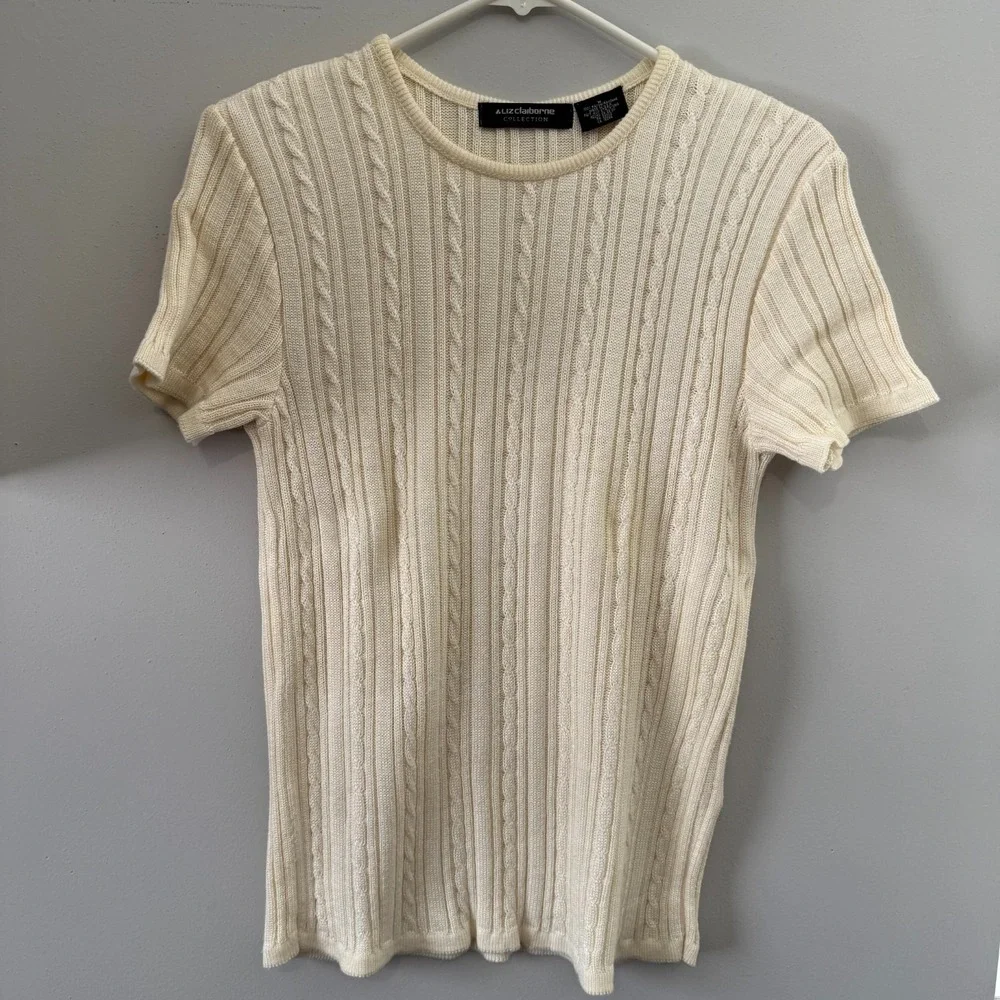 Liz Claiborne Sweater Womens Medium Cream‎ Rib Cable-Knit Short Sleeve Classic